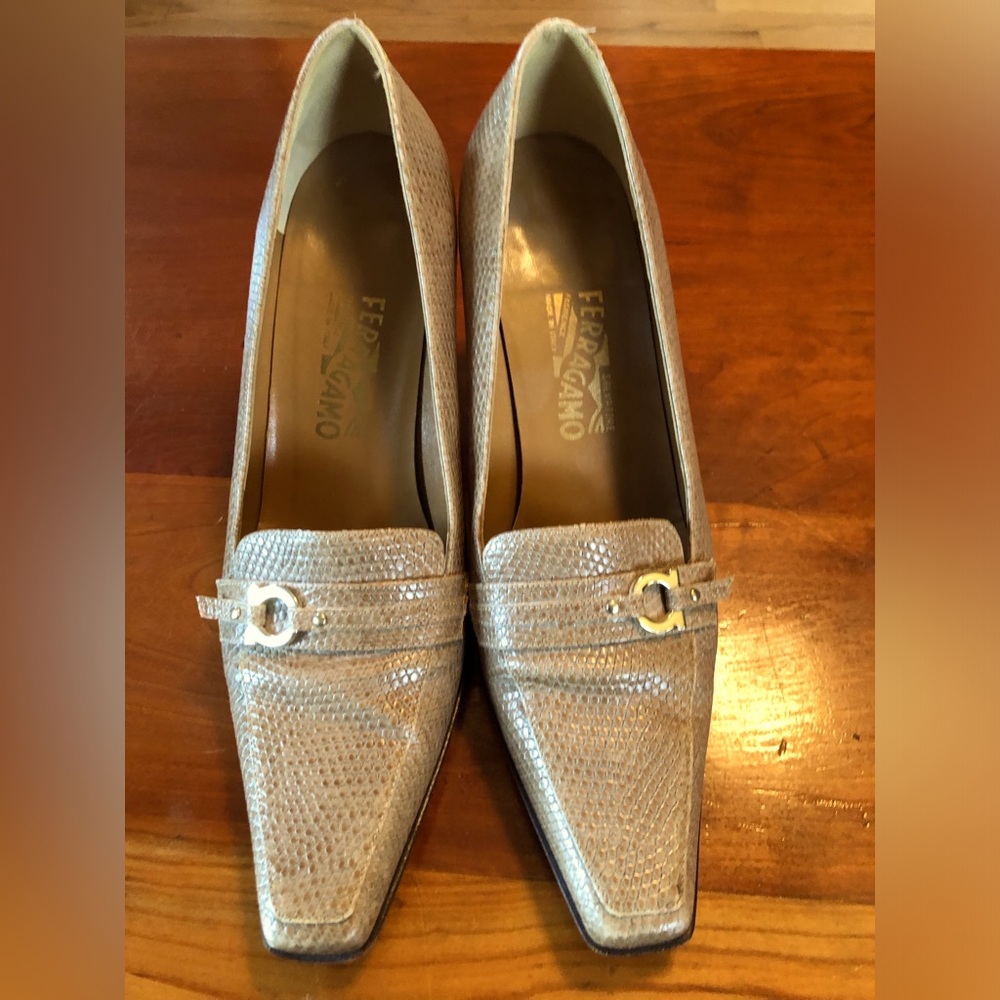 Salvatore Ferragamo tan square toed pumps